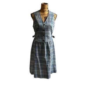 VTG 60s 70s Blue Gray Plaid Wool 2 Piece Skirt Vest Career Suit Women’s XS/S